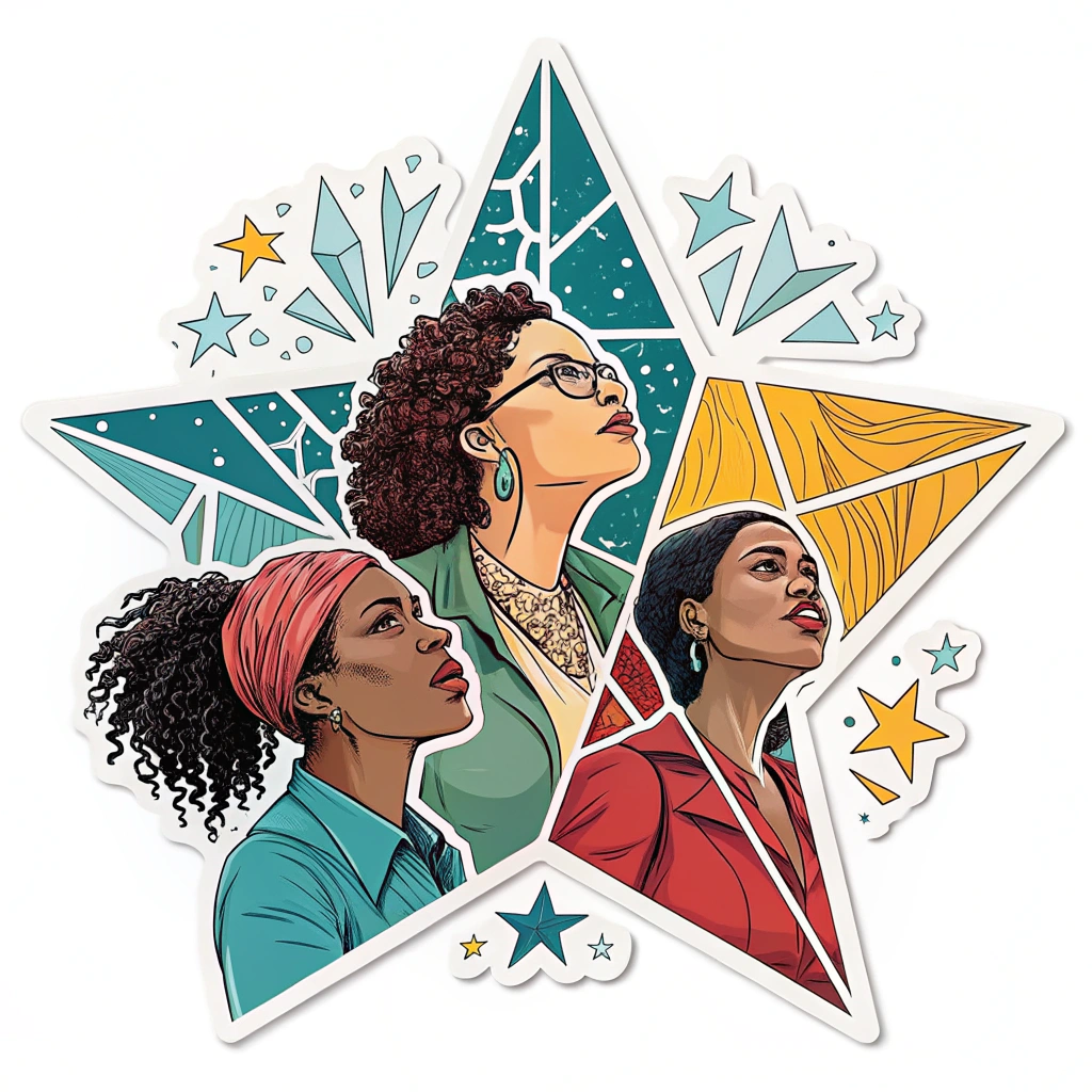 A design that uses vibrant colors to depict women breaking through glass ceilings represented as literal panes of glass. The shattered glass pieces could be shaped into stars.