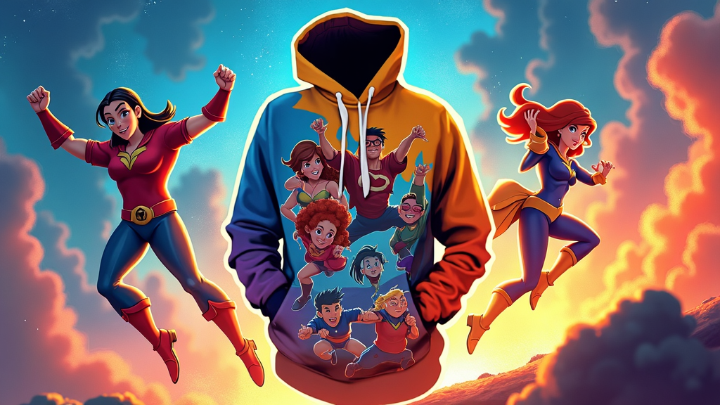 Hoodie printed with dynamic action scenes from a popular animated series, bursting with color.