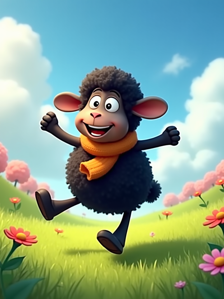 The image shows a cartoon sheep running through a field of flowers and plants, with a bright blue sky and fluffy white clouds in the background.