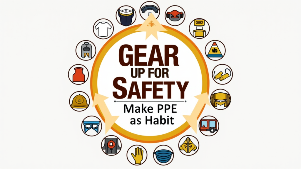 Create a visually engaging poster using icons or simple illustrations representing different types of PPE arranged in a protective shield or circle formation. Central message: 'Gear Up for Safety: Make PPE a Habit.'