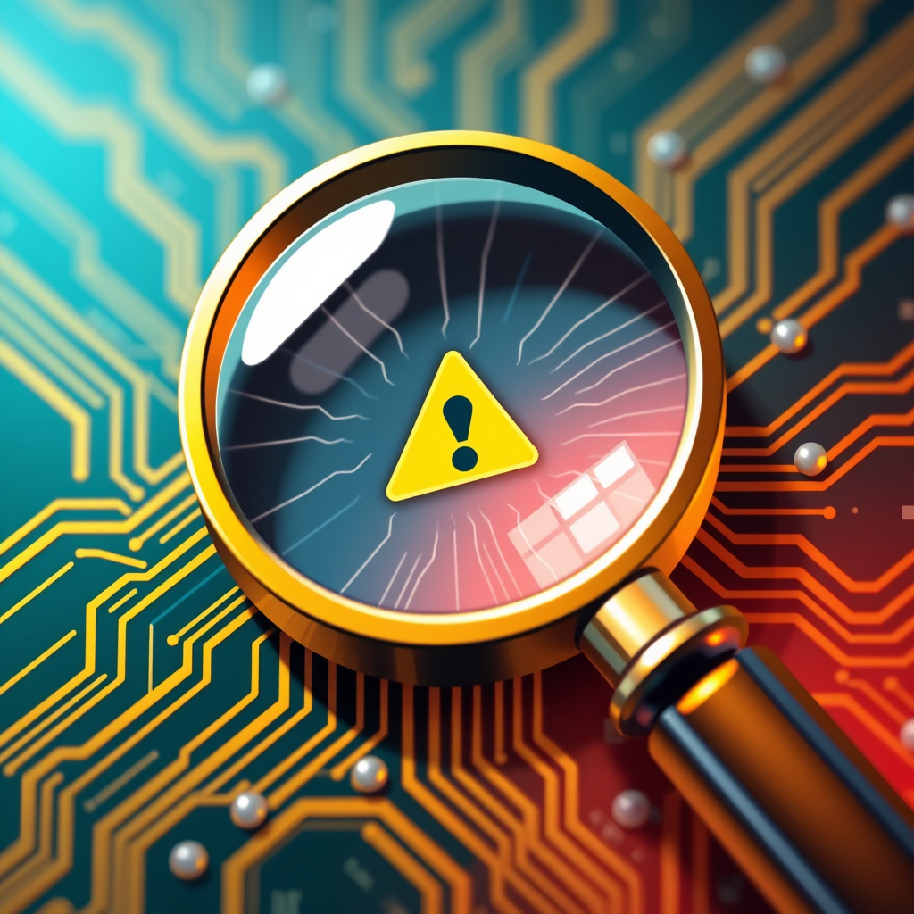 Sub-design Idea 4: Magnifying glass whose handle integrates with circuit board lines or network pathways. The lens is focused on a specific node or segment, highlighting it with a warning symbol or a visual representation of a breach.