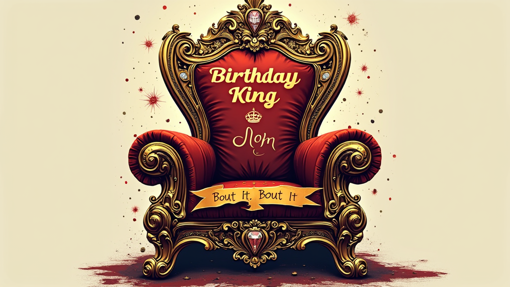 A graphic showcasing a lavish throne, heavily adorned with gold and diamonds. The words 'Birthday King' prominently featured, perhaps with 'Bout It Bout It' as a banner or surrounding text. 'Master P Birthday Bash' tastefully incorporated.