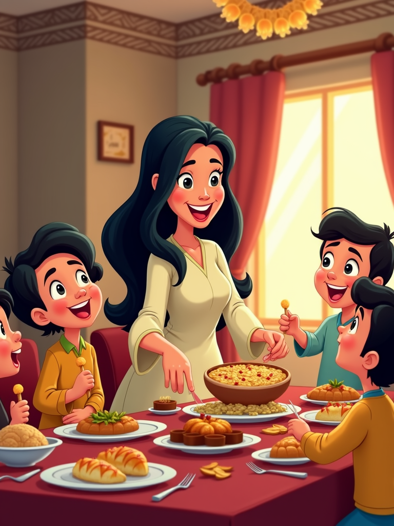 A light-hearted depiction of a family feast, showcasing diverse Qatari dishes, with children enjoying the special food prepared for Eid.