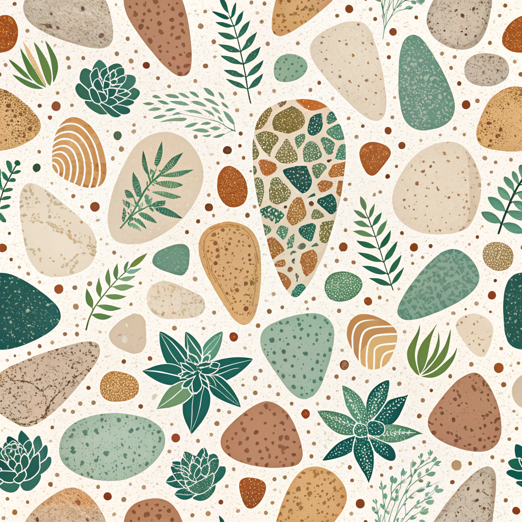 A mosaic or terrazzo-inspired pattern using shapes and textures reminiscent of xeriscaping materials: gravel, mulch, smooth stones, and succulent forms.