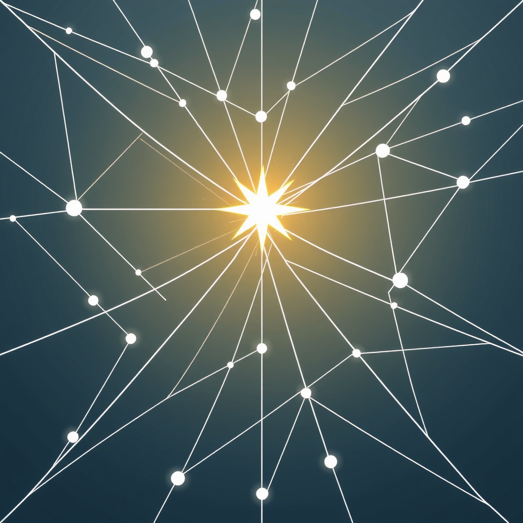 Sub-Design Idea 2: An abstract geometric network of lines and nodes, with one node dramatically illuminating or emitting a star-like spark, representing the emergence of insight.