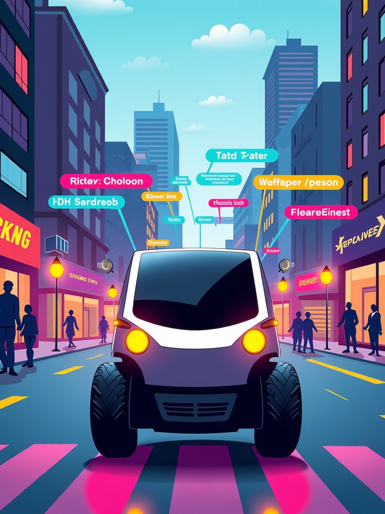 An infographic style illustration showing a robotaxi in a city scene. Each sensor type is visually isolated with callouts explaining its specific role and range, perhaps using different colored light beams or cones of vision for each sensor to show its coverage.