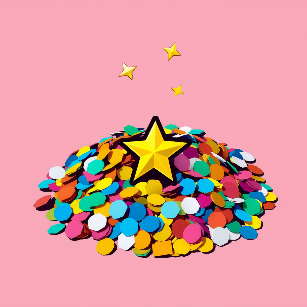 A pile of confetti with a star or heart-shaped piece prominently displayed on top to suggest a celebration or special event.