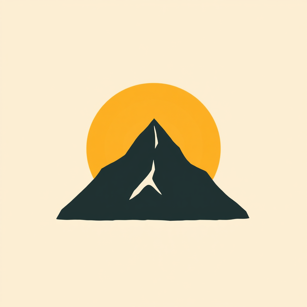 Minimalist nature icon: a sharp, geometric mountain peak silhouetted against a simple arc of a rising sun or moon, conveying resilience and sustainable hope.