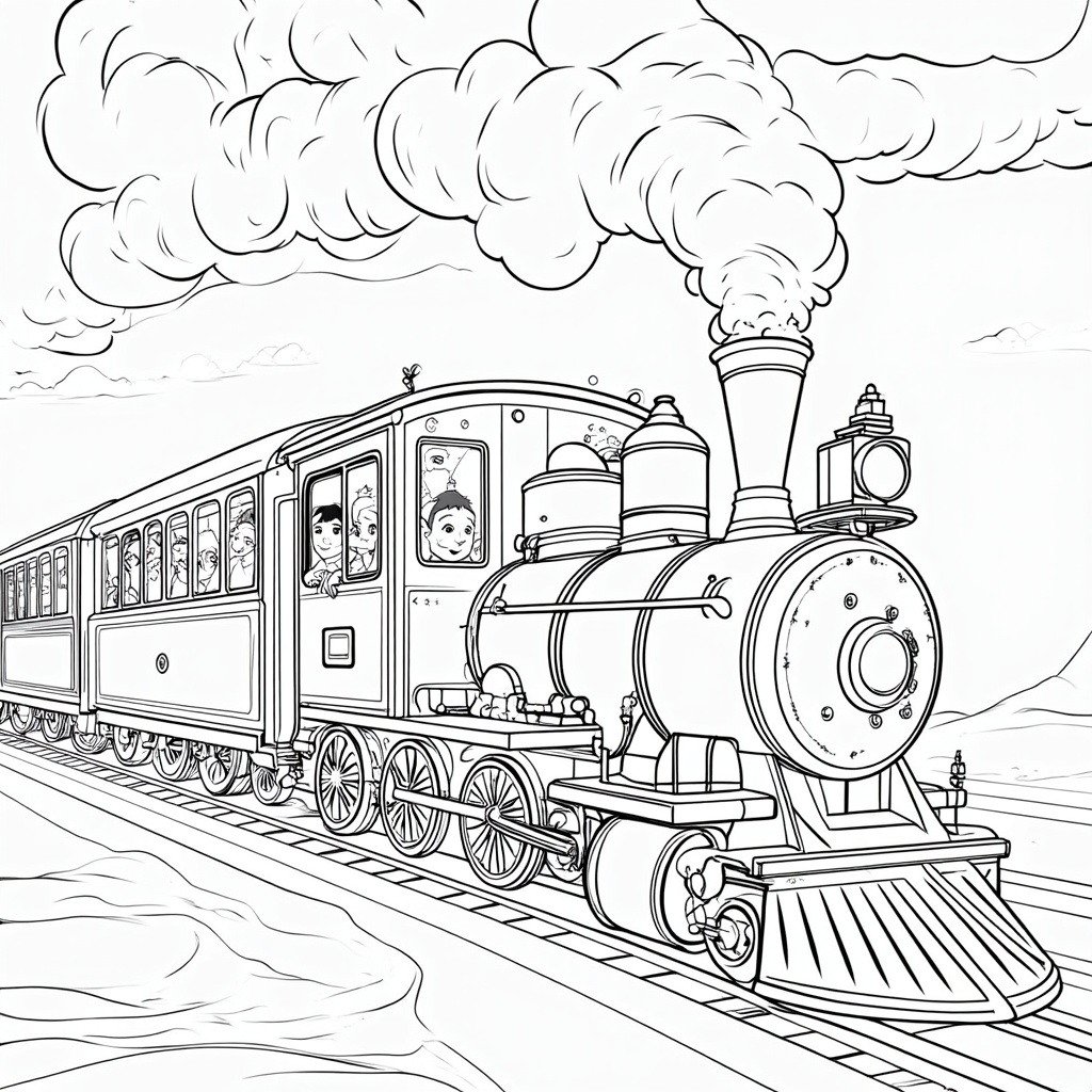 The image shows a train with smoke billowing out of its chimney and a few people inside. The train is on a railway track and the sky is visible in the background. It is a free printable coloring page, perfect for kids to enjoy.