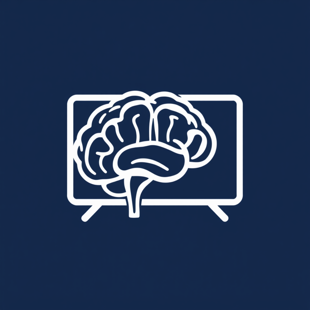AI Brain & Screen Fusion: An icon showing a stylized human brain silhouette seamlessly integrating with a TV screen outline, symbolizing intelligent processing and personalized viewing experiences.