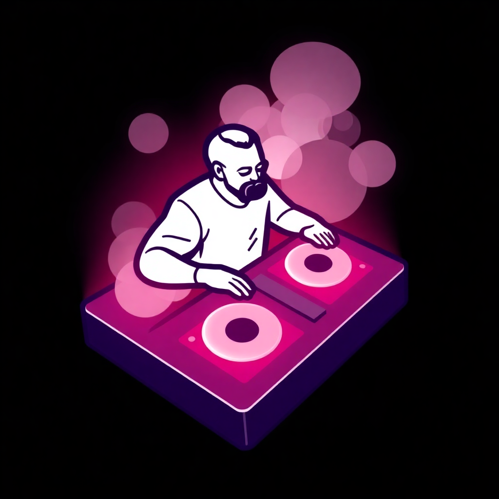 The image is an illustration of a DJ playing music on a turntable. The DJ is wearing a white shirt and has a beard and mustache. He is sitting at a pink DJ booth with two circular turntables in front of him. The background is black with pink and purple circles scattered around, creating a bokeh effect. The overall color scheme of the image is pink, purple, and blue.