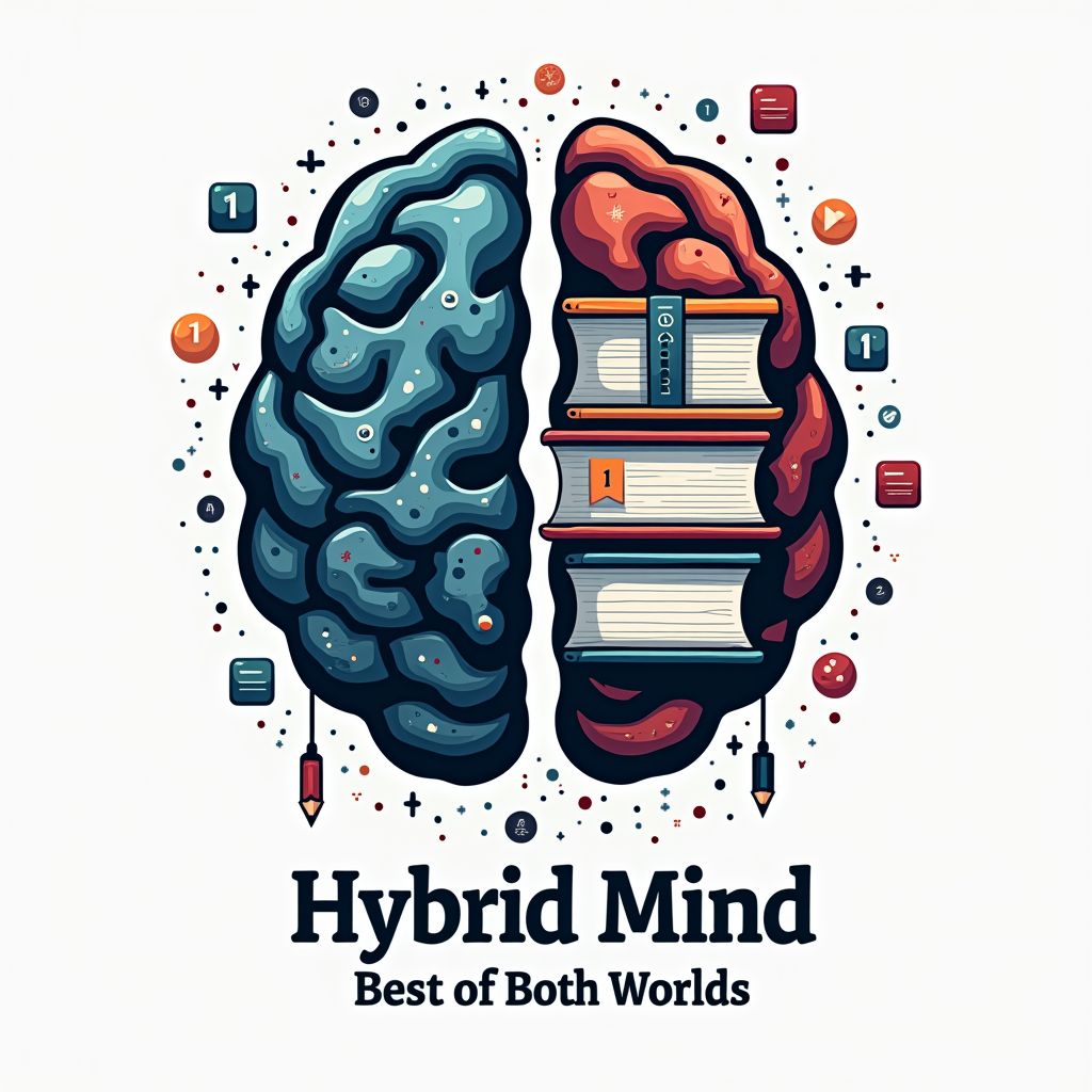 A brain graphic split vertically: one half shows digital elements like circuits or pixels, the other half shows traditional learning symbols like books or a pencil. Text below reads 'Hybrid Mind: Best of Both Worlds'.