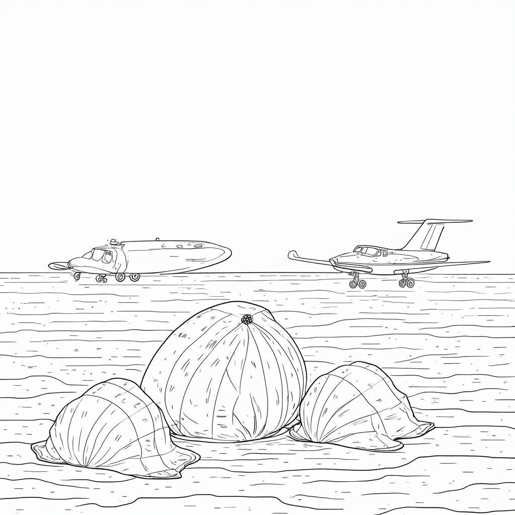 A scene depicting the Starliner capsule safely landed, with recovery team vehicles (simplified for coloring) approaching in the distance. The parachutes are shown settled on the ground beside the capsule.