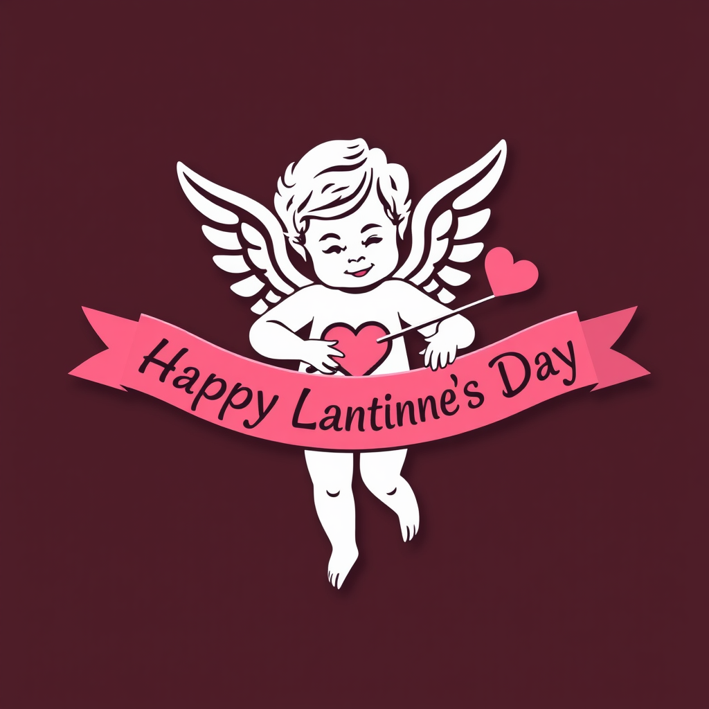 A cupid icon holding a banner that says 'Happy Valentine's Day'.