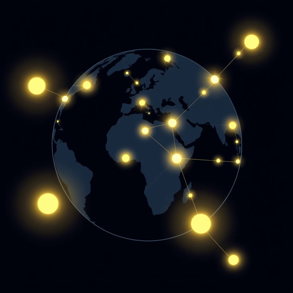 Code Constellations Globe: A stylized globe on a dark background, where continents are hinted at by glowing dot constellations (representing developers or ideas) interconnected by faint network lines, emphasizing community and shared knowledge.