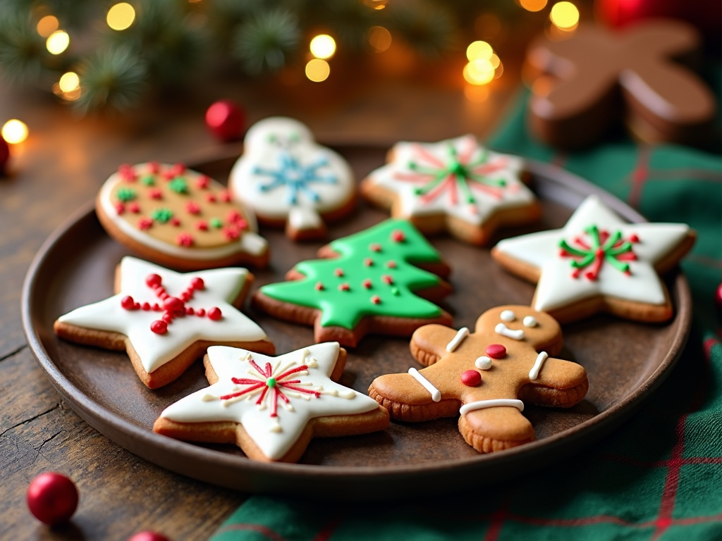  a plate of decorated Christmas cookies on a wooden table. The cookies are in the shape of stars, snowflakes, Christmas trees, and gingerbread men. The plate is brown and has a green and red plaid napkin underneath. There are also red and gold Christmas baubles scattered around the plate. In the background, there is a small Christmas tree with lights and a gingerbread man figurine. The overall mood of the image is festive and cozy.