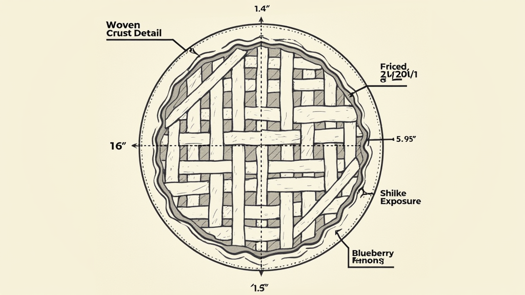 A 'blueprint' or schematic style design showing how to construct the lattice top. Dashed lines, measurements (e.g., '1-inch strips'), and labels pointing to 'Woven Crust Detail' and 'Blueberry Filling Exposure'.
