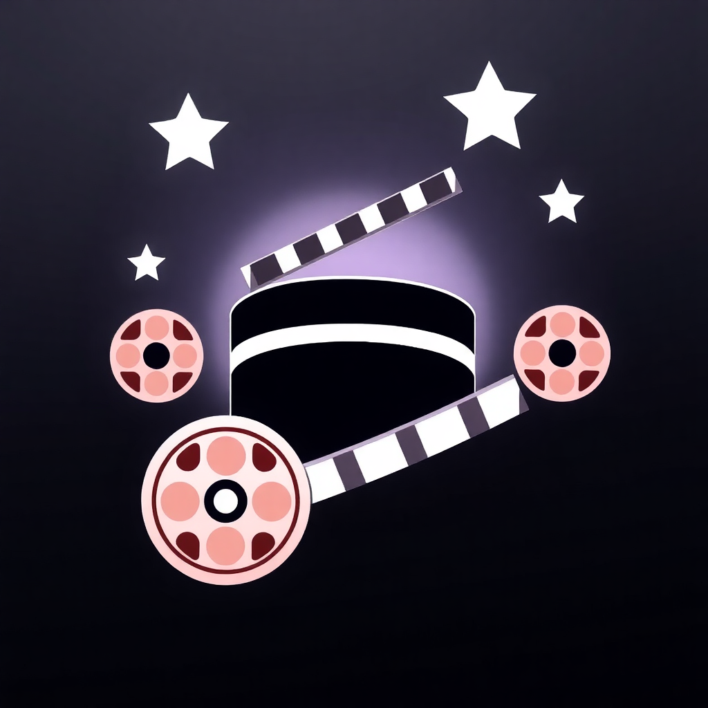 The image shows a movie reel with a clapboard and stars on a black background. The reel is animated, giving the impression of movement, and the stars add a magical touch to the scene.