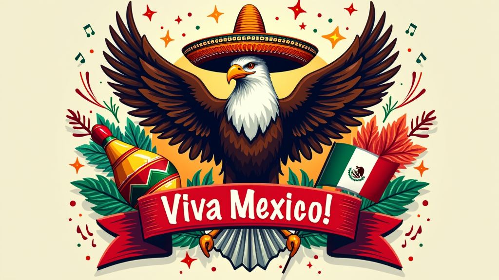 A 'fiesta' themed T-shirt design. The Mexican eagle, in a proud pose, is the focal point. Surrounding it are various festive Cinco de Mayo elements like papel picado (cut paper banners), maracas, sombreros, and perhaps fireworks or musical notes. The Mexican flag can be subtly represented as a draped banner or as the color scheme for the festive elements. 'Viva México!' is integrated in a playful, handwritten-style font.