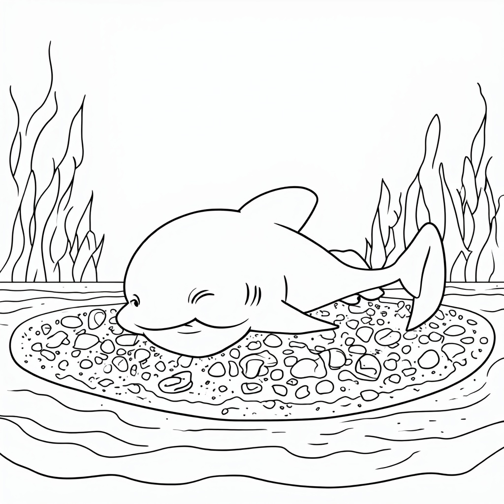 Baby shark taking a nap on a cozy pile of sand on the ocean floor, its tiny fin resting over seashells and pebbles.