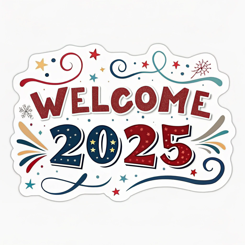 The image shows a white welcome sign with the words Welcome 2025 written in bold black font, surrounded by a colorful design of stars and stripes. The sign is perfect for celebrating the start of a new year and is sure to bring a smile to anyone's face.