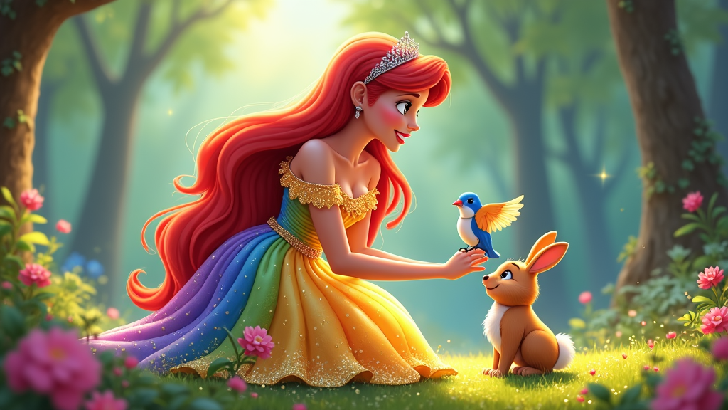 A charming princess with a sweet smile, with long, flowing rainbow-colored hair, interacting with friendly, tiny animals that have rainbow patterns.