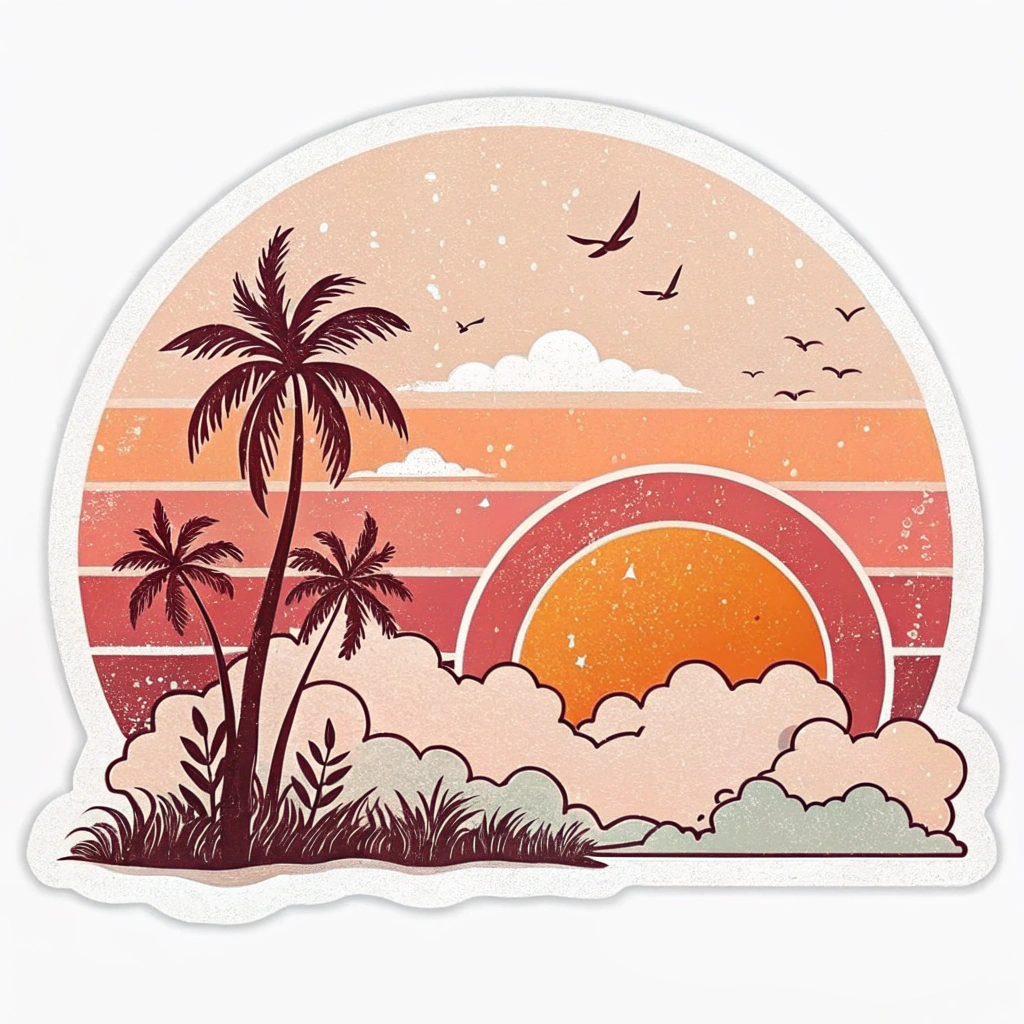 The image is a circular sticker with a colorful illustration of a tropical scene. The background is a gradient of orange, pink, and yellow, with a large orange sun in the center. The sun is surrounded by white clouds and there are several palm trees on the left side of the image. On the right side, there are a few birds flying in the sky. The overall style of the illustration is flat and cartoon-like.