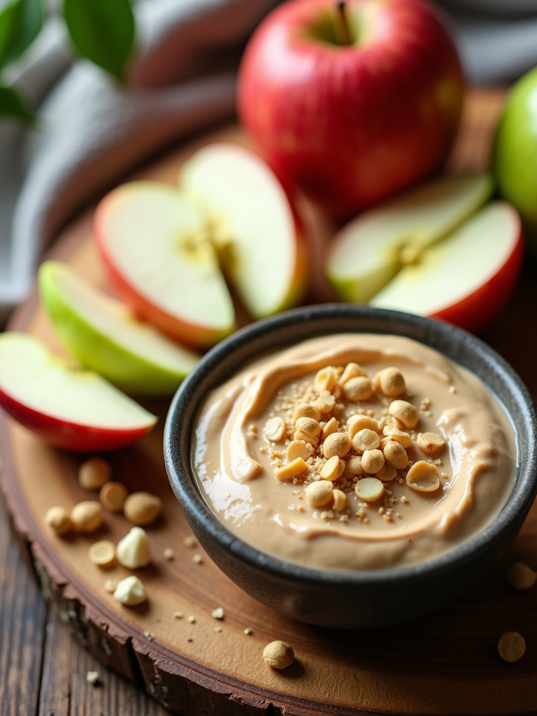 Apple slices with a peanut butter yogurt dip, offering a lighter alternative to straight peanut butter.