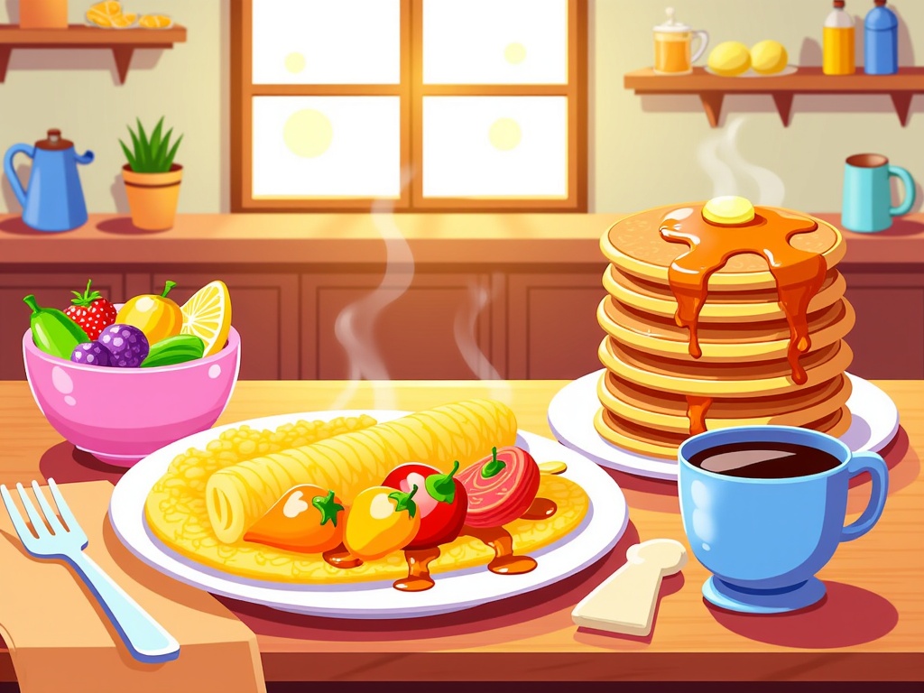  a breakfast scene in a kitchen. On the left side of the image, there is a pink bowl filled with fresh fruit, including strawberries, lemons, and grapes. Next to the bowl, there are two plates of pancakes with syrup drizzled on top. The pancakes are stacked on top of each other and there are a few slices of corn on the cob on the plate. In front of the pancakes, there appears to be a cup of coffee and a spoon. The kitchen has wooden cabinets and a window in the background. There are also some kitchen utensils and a potted plant on the countertop. The overall color scheme of the kitchen is warm and inviting.