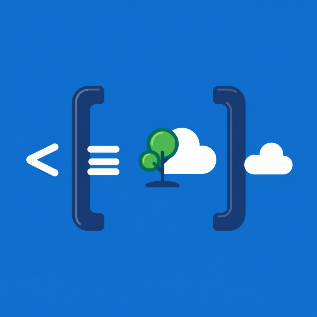 Sub-design 4 (Code Brackets Generating Image): A pair of code brackets (e.g., `< >` or `{ }`) with an arrow or animated effect showing data/energy flowing between them, leading to the formation of a small, simple pictorial icon (e.g., a tree or a cloud) appearing next to or from the brackets.