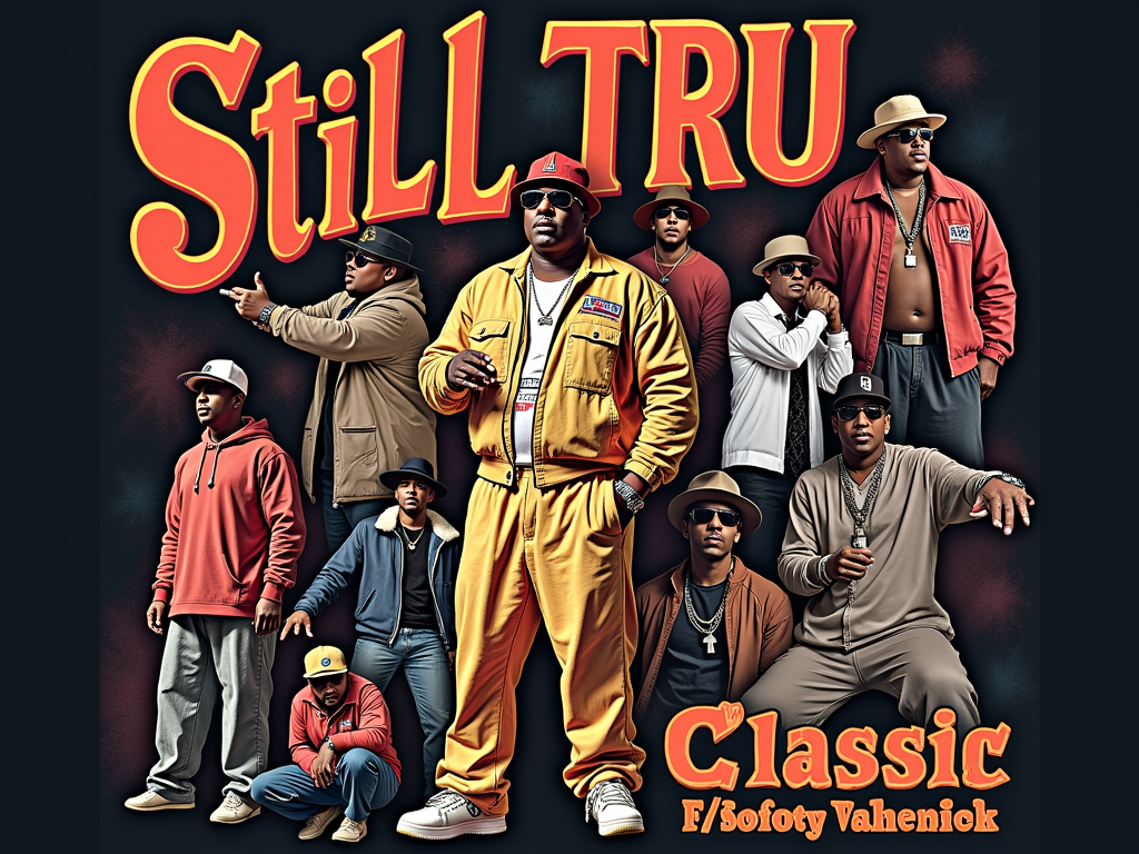 A T-shirt design with a nostalgic photo collage of Master P's iconic moments. 'Still TRU' is prominently displayed, and the event title 'Master P's Birthday Jam Classic' is integrated for a commemorative, retro feel.