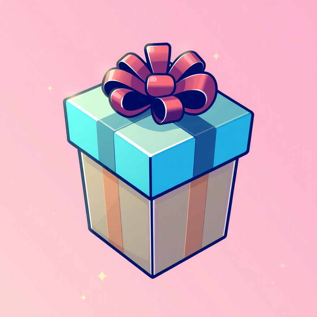 The image is a digital illustration of a gift box. The box is square in shape and has a blue and brown striped pattern on the sides. On top of the box, there is a large red ribbon tied in a bow. The background is a light pink color with small white stars scattered around. The overall style of the illustration is flat and cartoon-like.