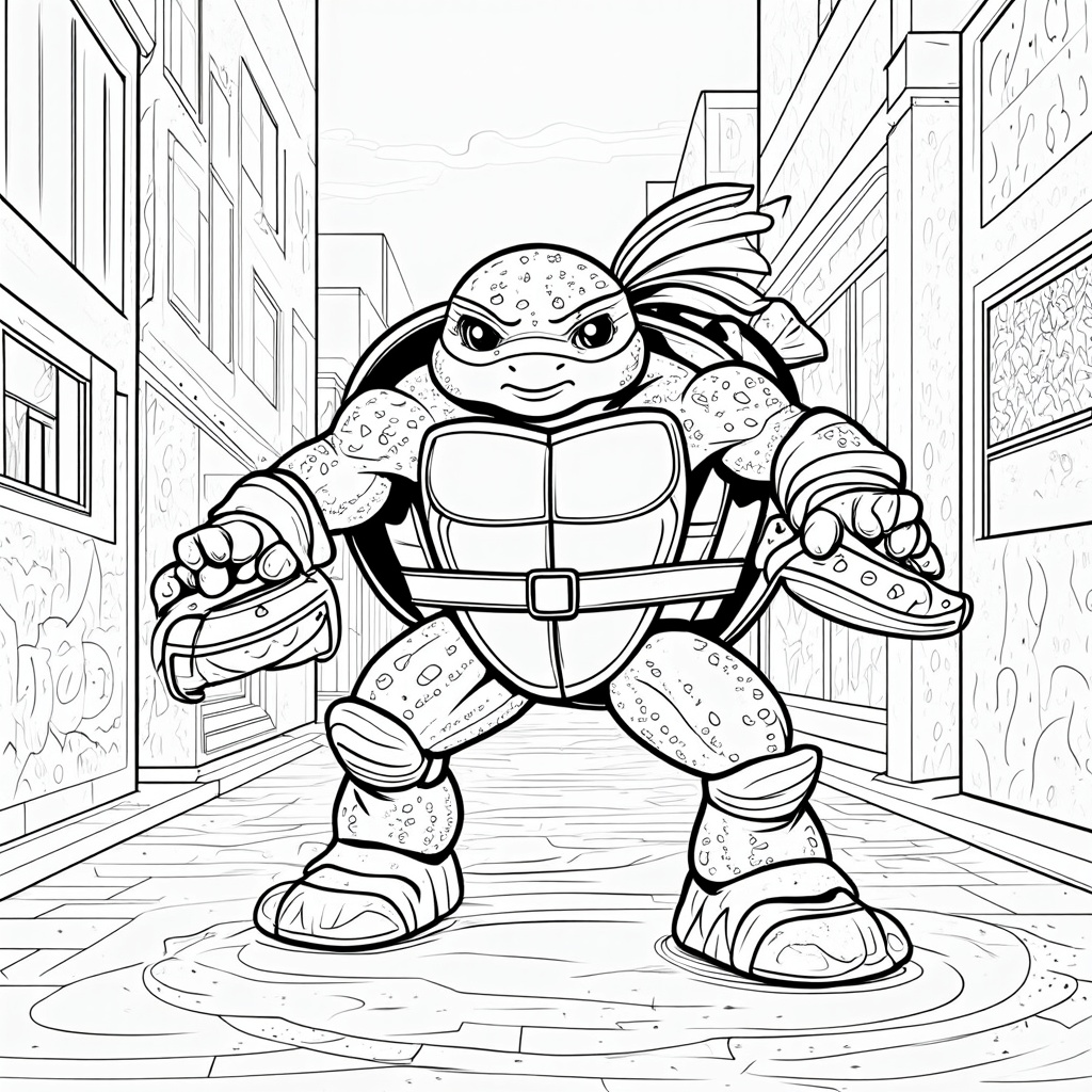 The image shows a sketch of a teenage mutant ninja turtle in the middle of a city, surrounded by buildings on either side. The turtle is wearing a red bandana and has a determined expression on its face, ready to take on any challenge.