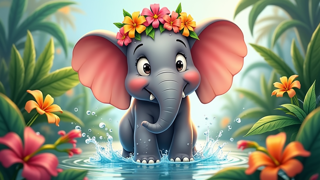 Ellie the elephant, depicted in a vibrant, colorful style, surrounded by tropical plants and flowers, emphasizing her fun and adventurous nature.