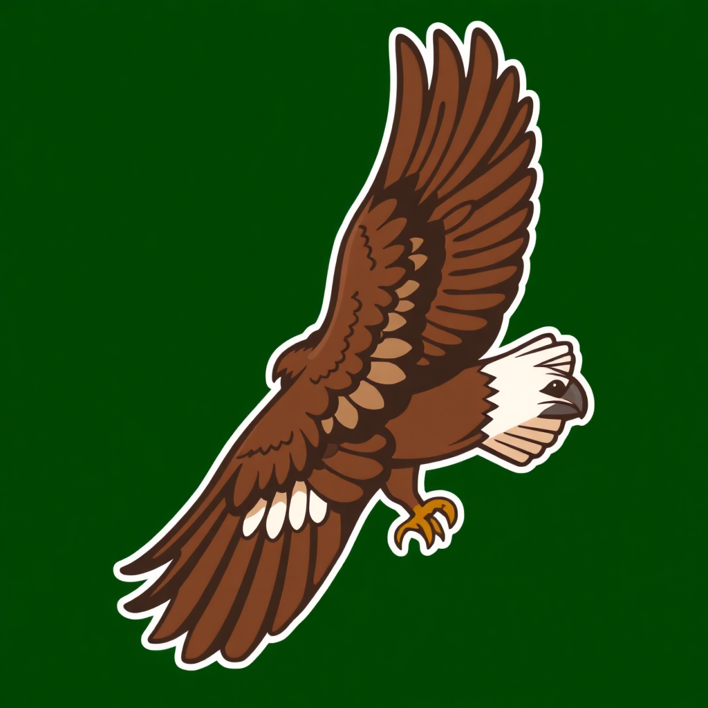 The image is a digital illustration of an eagle in flight. The eagle is in the center of the image, with its wings spread wide and its head turned towards the right side of the frame. Its body is a dark brown color with white markings on its wings and tail feathers. Its beak is yellow and its talons are visible. The background is a solid green color. The image appears to be a logo or emblem for a company or organization.