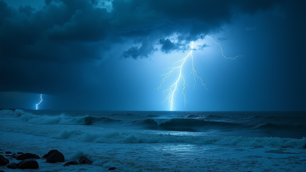 A mesmerizing wallpaper capturing a fierce thunderstorm over a vast ocean. Electric blue bolts of lightning illuminate the dark, swirling clouds, creating a dramatic spectacle. The turbulent waves mirror the sky's chaos, emphasizing nature's raw power and beauty. Luminescent flashes dance across the horizon, highlighting the interplay between sea and sky in this awe-inspiring scene.