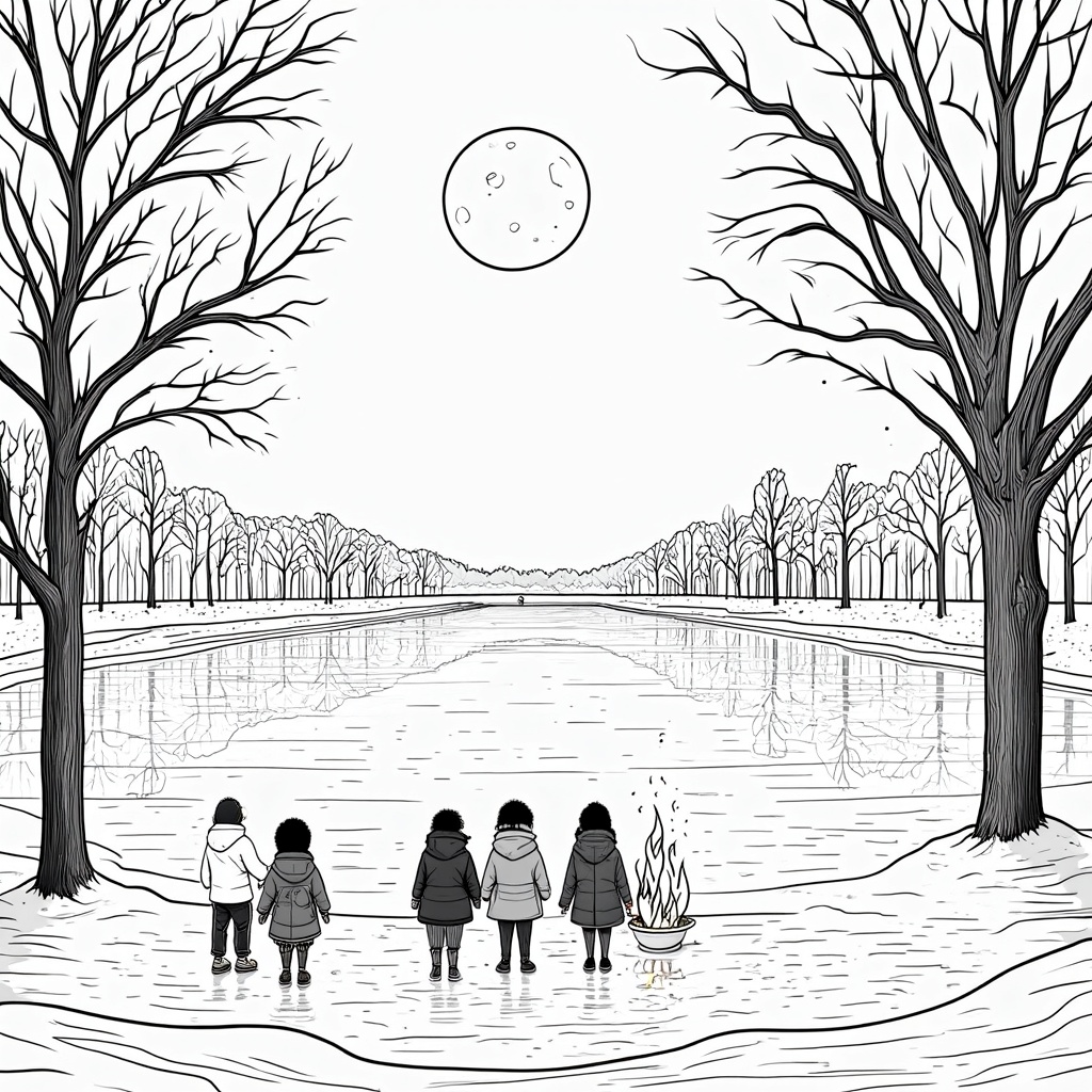 A peaceful winter evening scene with a frozen lake reflecting the full moon's glow. Bare trees line the banks, their branches dusted with snow. A group of friends, bundled in coats, warms their hands by a small fire, casting flickering shadows on the ice.