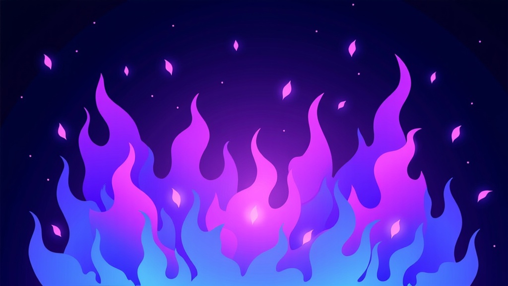 The image is an illustration of a group of pink and blue flames on a dark blue background. The flames are arranged in a way that they are overlapping each other, creating a sense of movement and energy. The pink flames are on the left side of the image, while the blue flames are in the center. The background is a gradient of blue and purple, with small white dots scattered throughout. The overall effect is a fiery and dynamic scene.