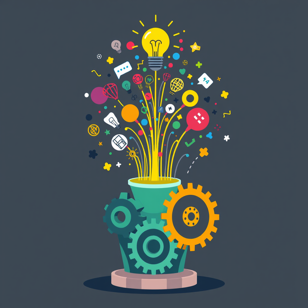 Sub Design Idea 4 (Idea Fountain): A base composed of several intermeshed abstract gears, from which a vibrant stream of diverse creative icons (e.g., small lightbulbs, paint splatters, stars, plus signs, abstracted data bits) flows upwards and outwards, akin to a fountain, signifying continuous and abundant idea generation.