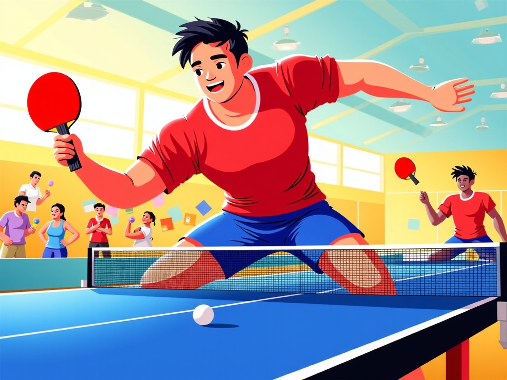  a young man playing table tennis in a large indoor court. He is wearing a red t-shirt and blue shorts and is holding a red ping pong paddle in his right hand and a white ball in his left hand. He appears to be in the middle of a shot, with his left arm extended and his right arm stretched out to hit the ball. In the background, there are other players and spectators watching the game. The court is blue and there is a net in the center. The walls of the court are yellow and there are windows on the left side of the image.