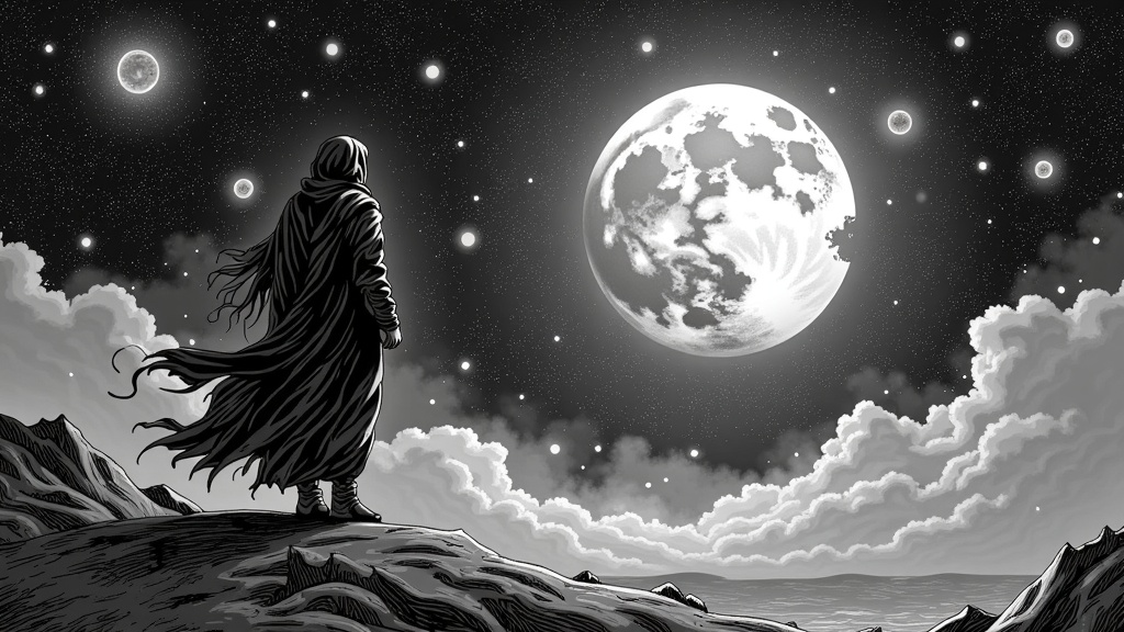 The Lone Wanderer & The Shattered Moon: A solitary figure gazes upon a cataclysmically fractured moon hanging in a sky filled with swirling nebulae and dark omens, all rendered with AI's flair for cosmic horror and detailed landscapes.