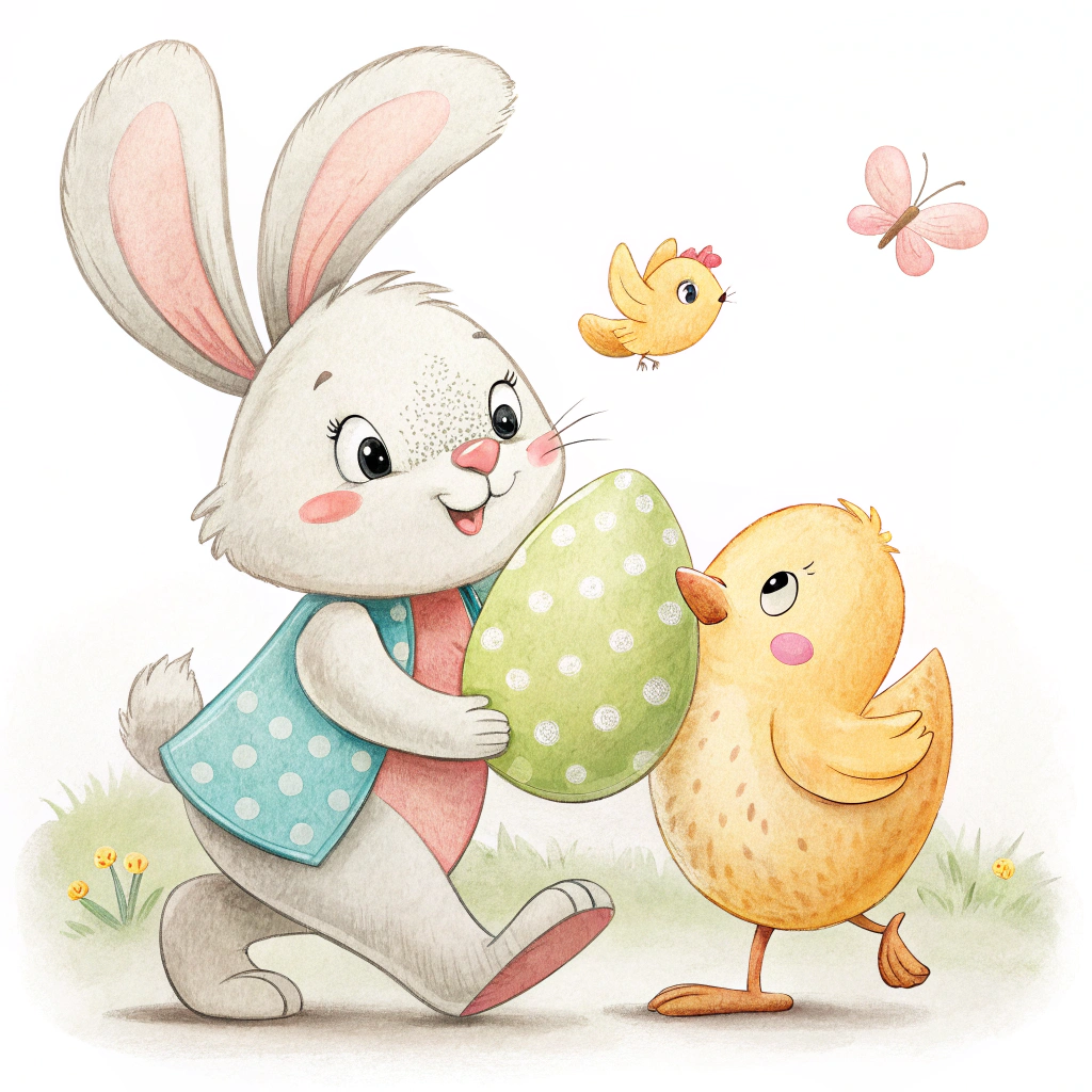 Design a sticker with a playful bunny and chick holding Easter eggs.