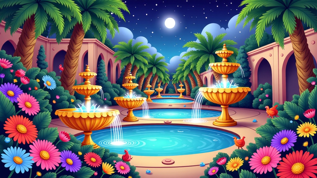 Original Text (English): Arabian Nights Illustration Art - The Enchanted Garden: Fountains, Flora, and Fauna