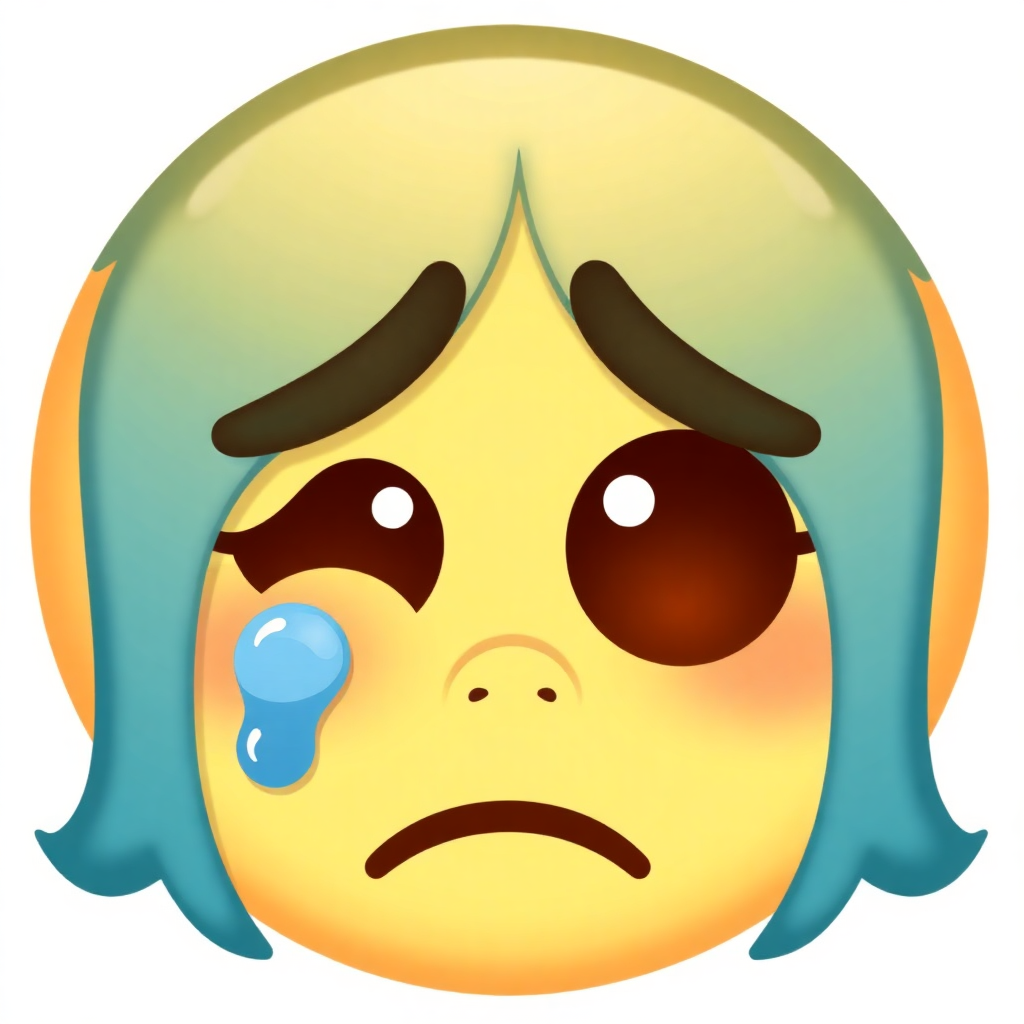 The image shows an animated girl with blue hair and a sad expression on her face, tears streaming down her cheeks.