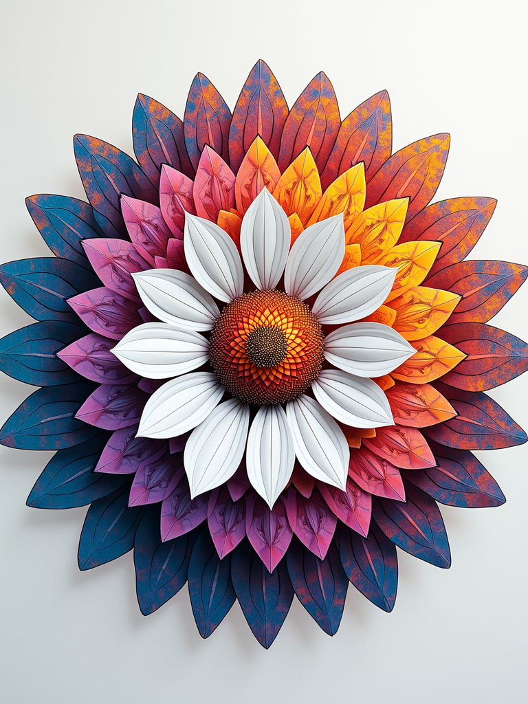 Layered Depth Mandala: Create a sense of depth by layering multiple slightly offset daisy mandala designs, each with varying psychedelic patterns and color opacities. This could give a 3D or optical illusion effect. The innermost layer could be a pure white daisy, with outer layers adding increasing color and complexity.