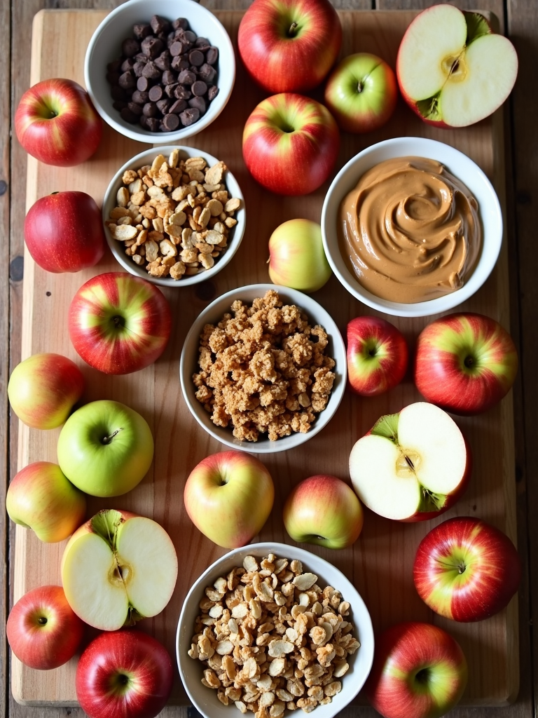 A build-your-own apple and peanut butter bar, with different toppings such as granola, chocolate chips, and nuts.