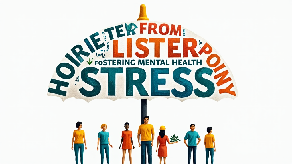 Poster Design 4: Use typography to form a protective canopy or umbrella shape using words like 'Support', 'Listen', 'Empathy', 'Balance', 'Resources'. Below, show small figures representing workers. Headline: 'Shelter from Stress: Fostering Mental Health Together'.