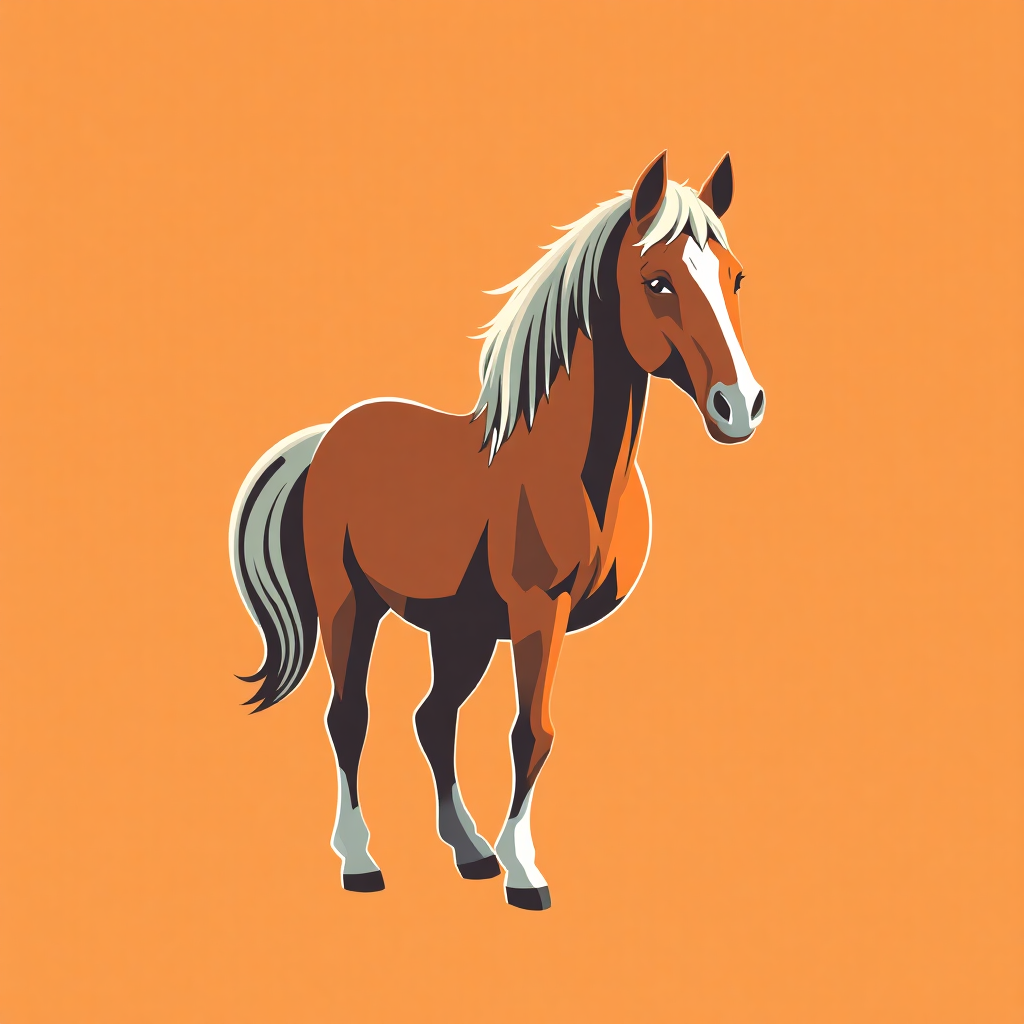 The image is a digital illustration of a horse standing on an orange background. The horse is a chestnut color with a white mane and tail. It is facing towards the right side of the image and its head is turned slightly to the left. Its eyes are dark and its ears are perked up, giving it an alert and curious expression. The background is a solid orange color, making the horse stand out even more. The overall style of the illustration is simple and cartoon-like.