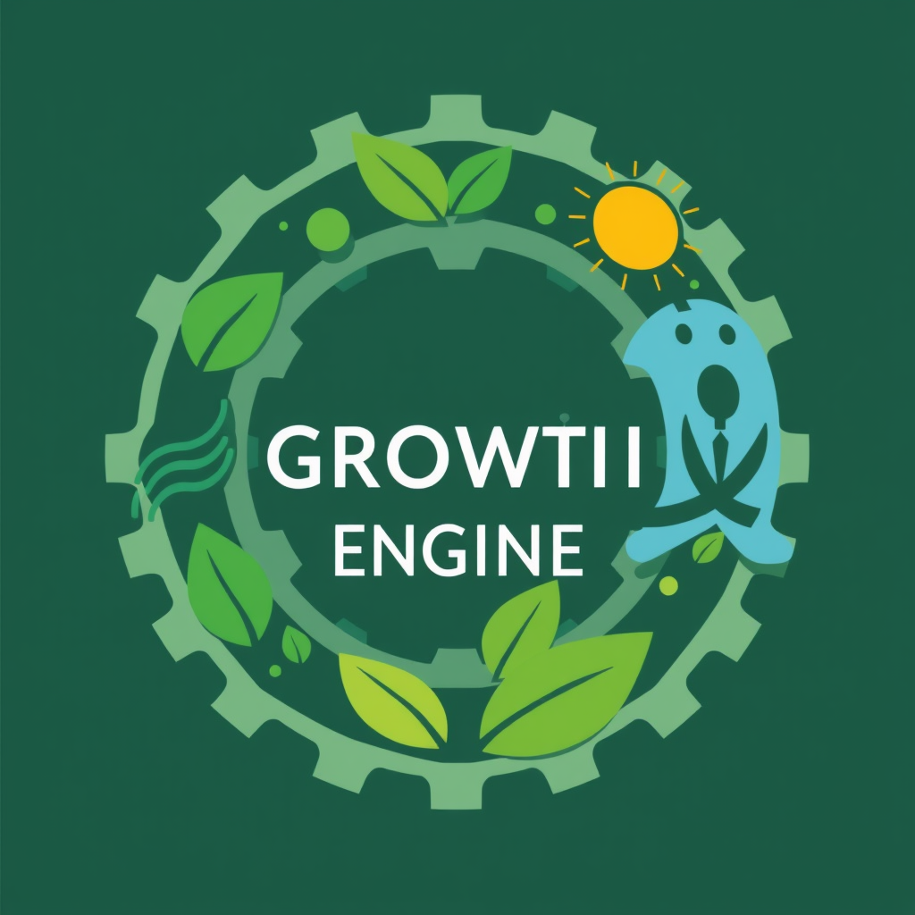 Sub-Design Idea 3: 'The Growth Engine' - An abstract and dynamic circular design resembling gears or a positive feedback loop. The 'cogs' or elements of motion are replaced by symbols of youth action (e.g., raised hands, energetic silhouettes) intertwined with sustainable elements (leaves, water cycles, sun), powering positive environmental growth.