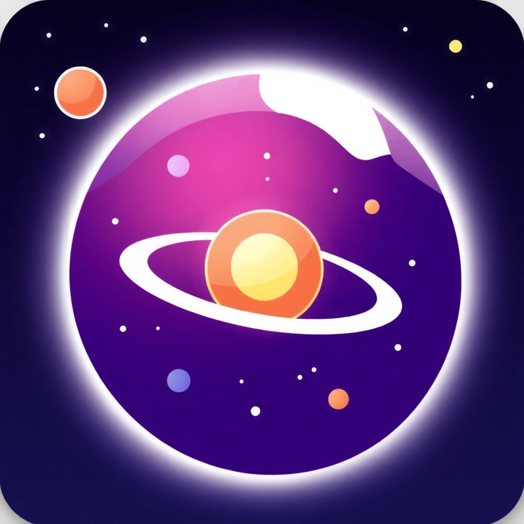 The image is a square-shaped icon with a dark blue background. In the center of the icon, there is a purple planet with a white ring around it. The planet is surrounded by small white dots, giving it a starry appearance. On top of the planet, there are two orange planets, one orange and one yellow, which appear to be orbiting around the ring. The orange planet is slightly larger than the yellow one, and it is slightly smaller than the purple one. The background is filled with small white stars, creating a galaxy-like atmosphere.